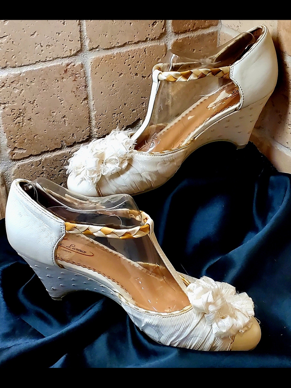 Cream Wedge Heels with Braided T-Strap and Flower Accent Sz 8 Great For Wedding